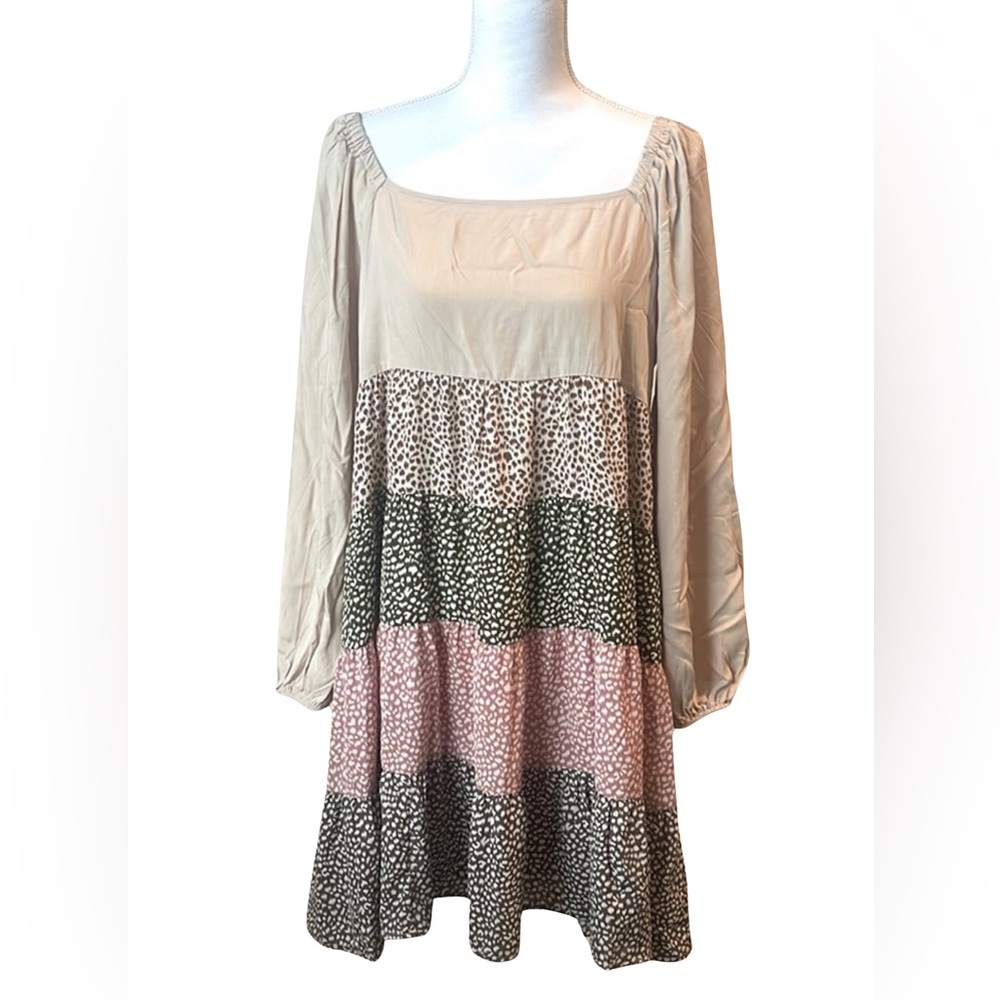 Animal Printed Color Block Ruffle Tiered Dress
